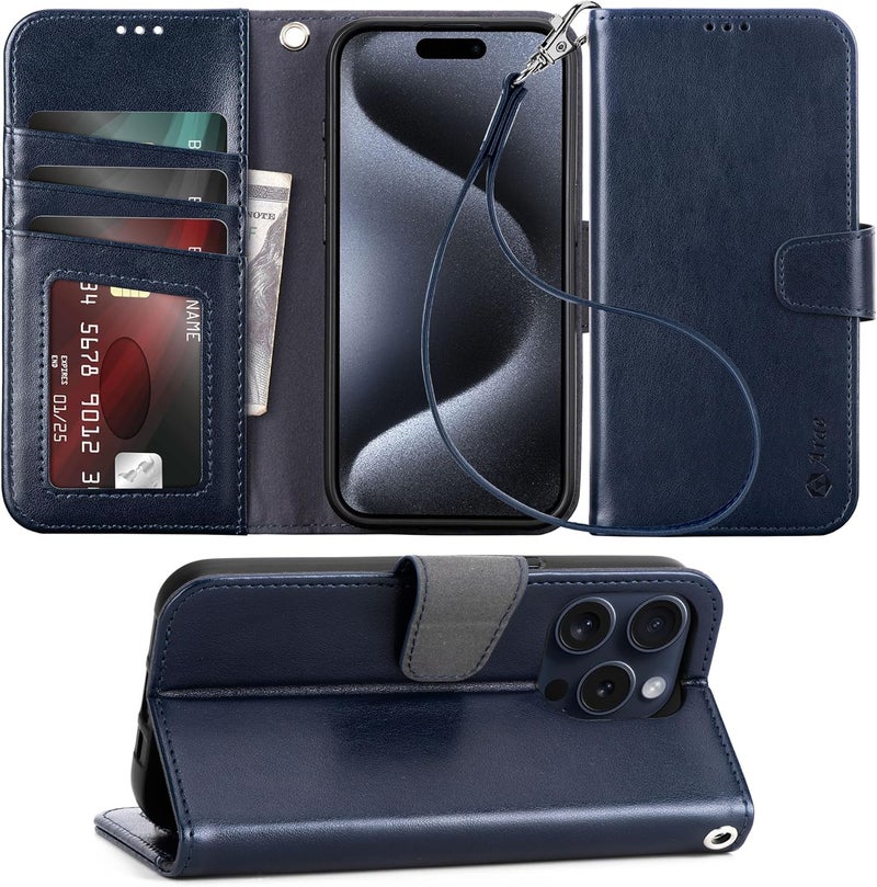 Arae Compatible with iPhone 15 Pro Case with Card Holder and Wrist Strap Wallet Flip Cover for iPhone 15 Pro 6.1 inch,Blue - Image 1